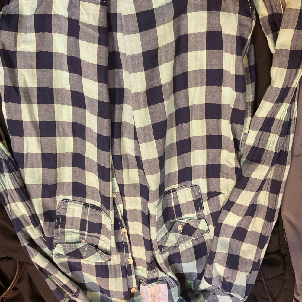 Sonoma Men's Navy and Mint Plaid Shirt